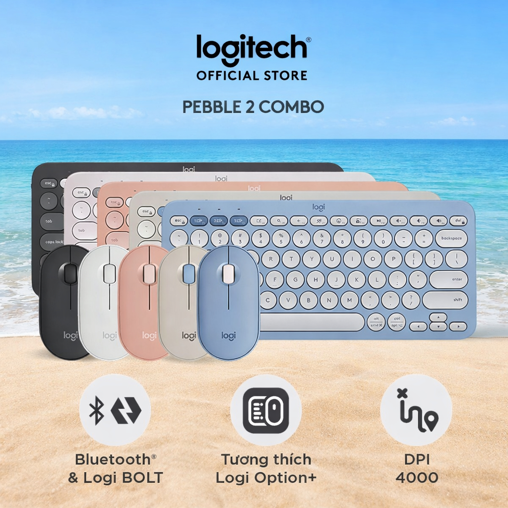 Pebble 2 Combo, Bàn phím Bluetooth Logitech K380s và chuột Logitech M350s - Yên tĩnh, Easy-Switch
