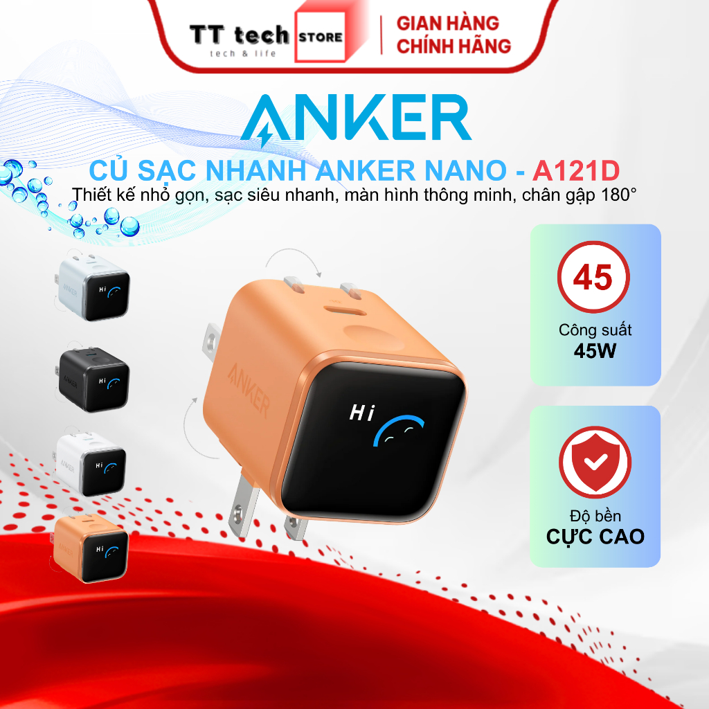 Củ sạc nhanh Anker Nano A121D 45W màn hình LED thông minh, chân gập 180° - Bảo hành 18 tháng