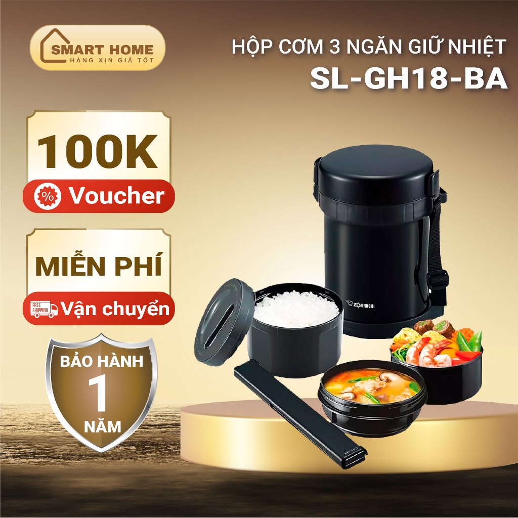 Hộp Cơm Giữ Nhiệt 3 ngăn Zojirushi SL-GH18-BA dung tích 1,27L, hàng chính hãng, bảo hành 1 năm