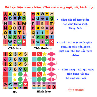 Bộ số và chữ cái song ngữ Tiếng Việt + Tiếng Anh có sẵn nam châm phía sau, tự hút lên bảng từ và các bề mặt kim loại.