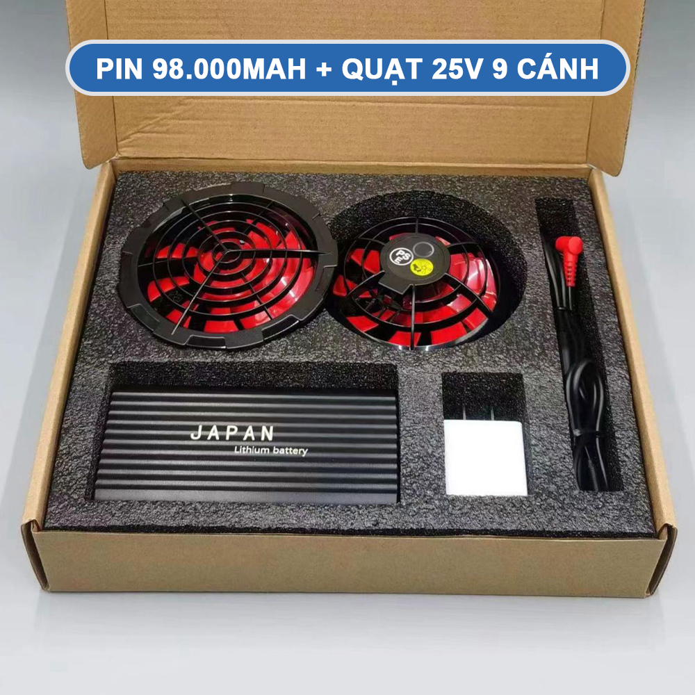 Bộ Phụ Kiện Áo Điều Hòa Nhật Bản PN Khủng 98.000mAh Chạy 17-20 tiếng, Quạt 5 Cánh 25V Không Chổi Tha