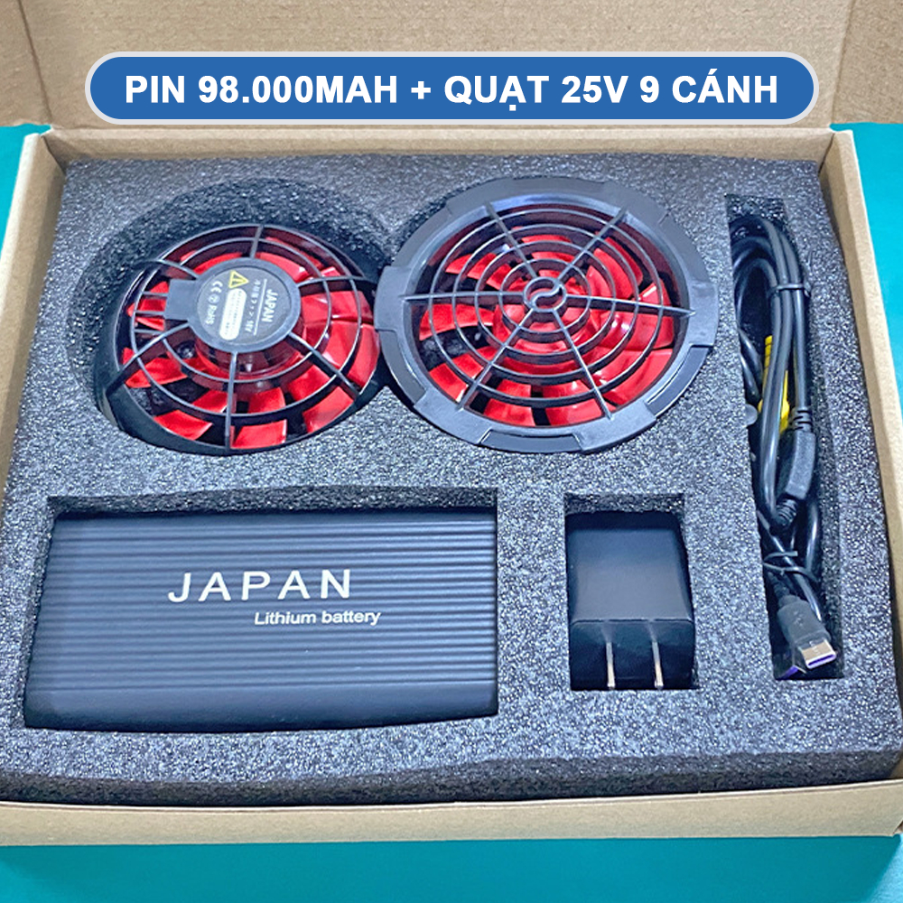 Bộ Phụ Kiện Áo Điều Hòa Nhật Bản, P.N 98.000mAh, Quạt Công Suất Cao 25V Chạy Liên Tục 17-20 Tiếng BH