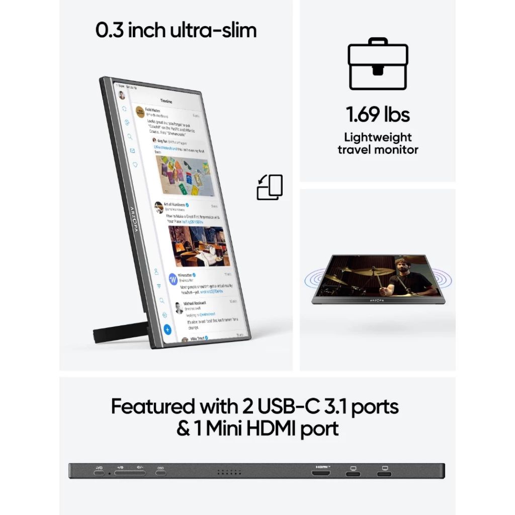 Màn Hình Di Động ARZOPA A1M 17.3" | Full HD IPS | HDR | USB-C / Mini HDMI | Loa Kép | Laptop / PC / Nintendo / PS5 | BigBuy360 - bigbuy360.vn
