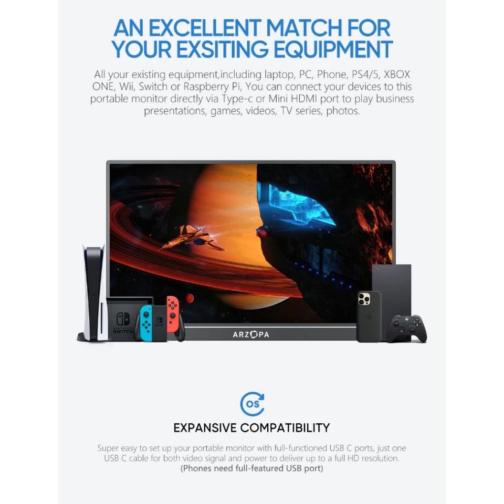 Màn Hình Di Động ARZOPA A1M 17.3" | Full HD IPS | HDR | USB-C / Mini HDMI | Loa Kép | Laptop / PC / Nintendo / PS5 | BigBuy360 - bigbuy360.vn