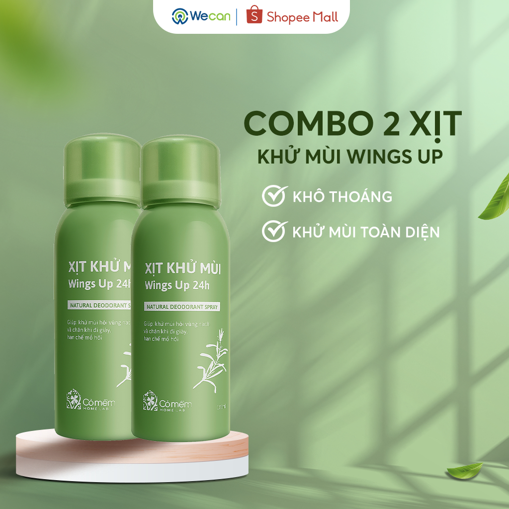 Combo 2 Xịt Khử Mùi Wings Up Cỏ Mềm - Giúp Da Khô Thoáng, Hỗ Trợ Giảm Mùi Hôi Nách, Hôi Chân 100ml