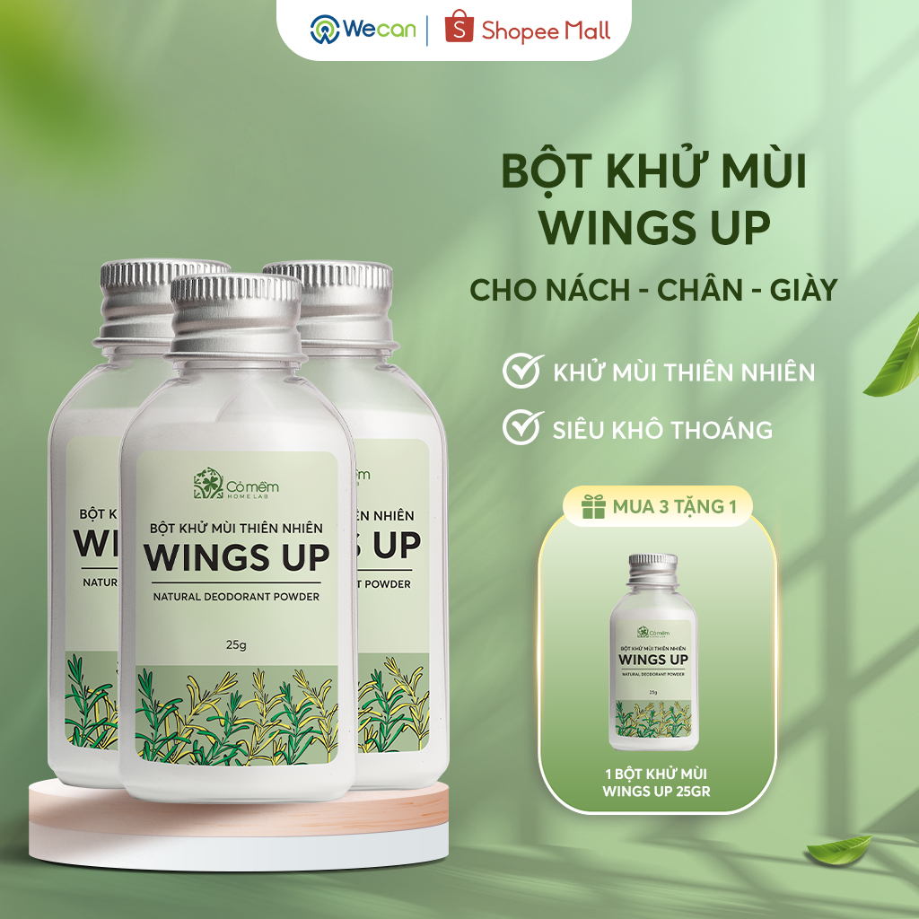 [Mua 3 tặng 1] Combo 3 Bột Khử Mùi Toàn Thân, Xịt Khử Mùi Wings Up Cỏ Mềm Hạn Chế Hôi Chân, Hôi Giày