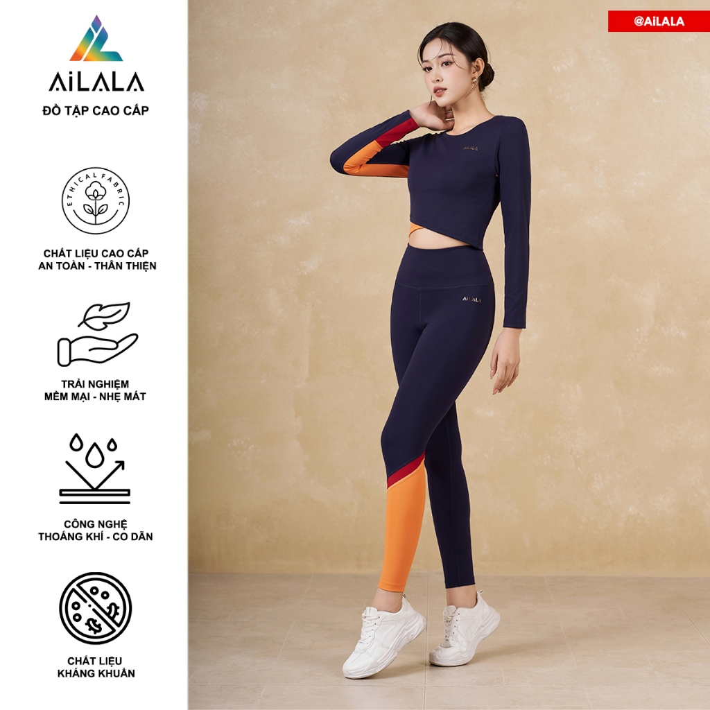 Bộ Đồ Tập Dài Tay Thể Thao Yoga Gym Nữ AiLALA, Navy Blue, Thoáng Khí, Thấm Hút, Áo Kèm Đệm Phối Mầu