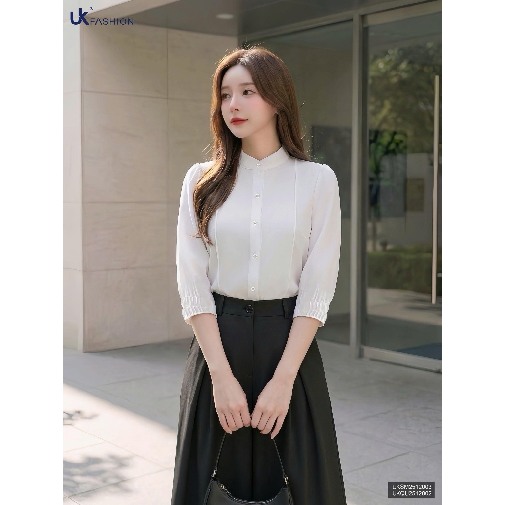 Áo Sơ Mi Cổ Tàu Xếp Mí Tay Thời Trang Công Sở UK Fashion Nhẹ Nhàng, Thanh Lịch UKSM2512003