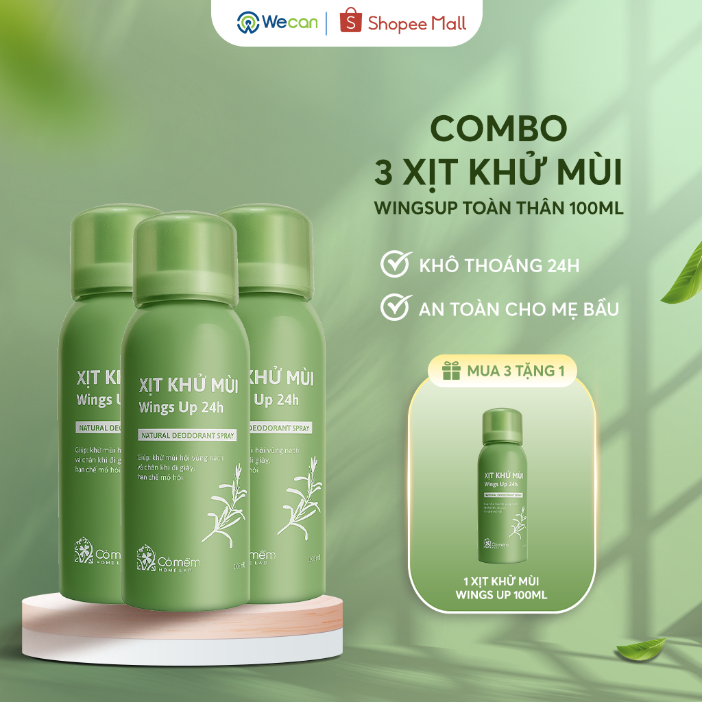 Combo 3 Xịt Khử Mùi Wings Up Cỏ Mềm - Giúp Da Khô Thoáng, Hỗ Trợ Giảm Mùi Hôi Nách, Hôi Chân 100ml