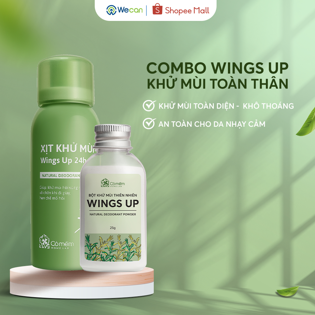 [MUA 2 TẶNG 1] Combo Bột & Xịt Khử Mùi Wings Up Cỏ Mềm Hạn Chế Hôi Chân, Hôi Giày, Ngăn Tiết Mồ Hôi