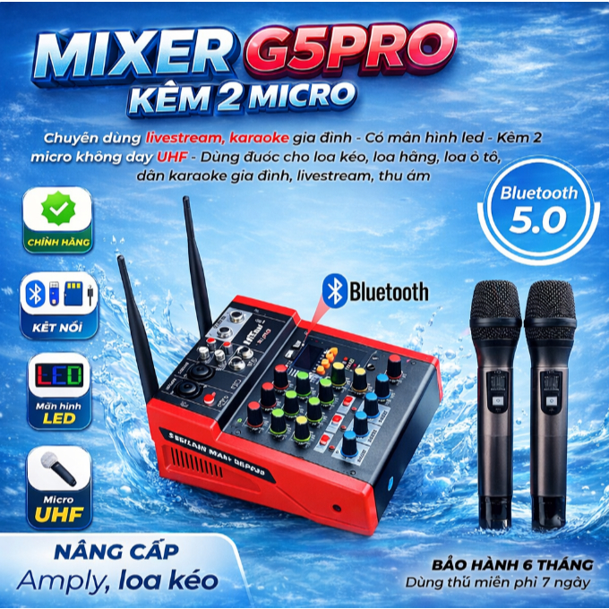 Mixer Karaoke G5 PRO Kèm 2 Micro ,Chip DSP 24 ChươngTrình Hiệu Ứng Reverb ,Echo, Lọc EQ, 24bit -Blue