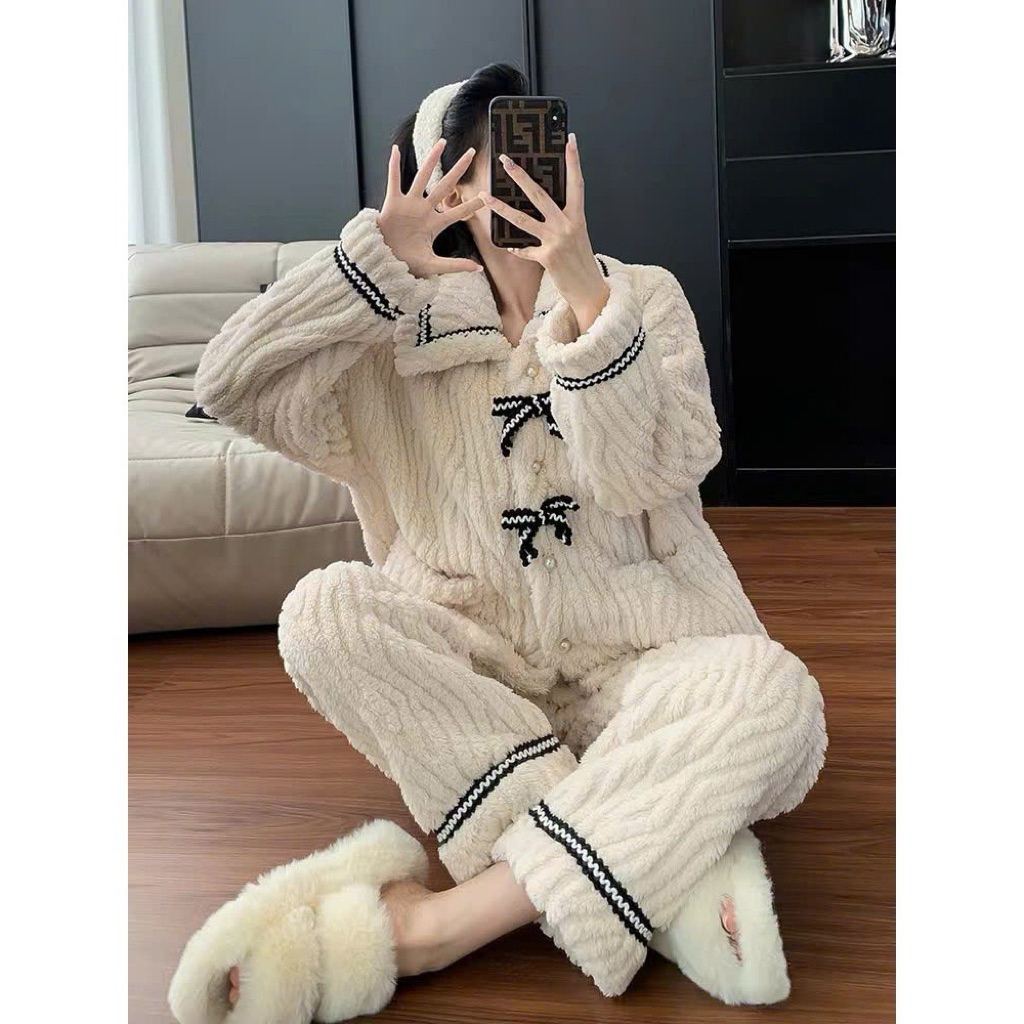set đồ ngủ lông ấm áp mùa đông tiểu thư 2hand pass thanh lý size m