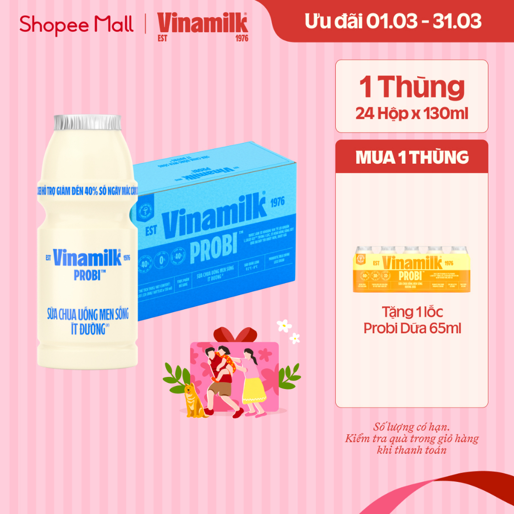 [CHỈ GIAO HCM+HN] Thùng Sữa chua uống Probi Ít Đường chai 130ml -24 chai/Thùng Yogurt