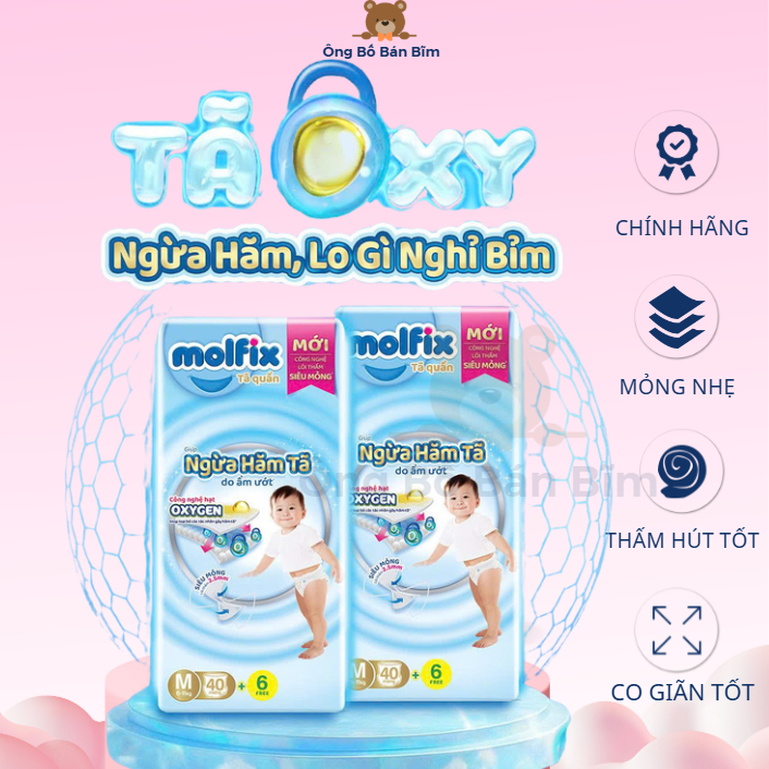 Tã/bỉm quần Molfix Oxygen giúp Ngừa Hăm Tã size M40,L36,XL32,2XL28+6 miếng bỉm mòng 2mm