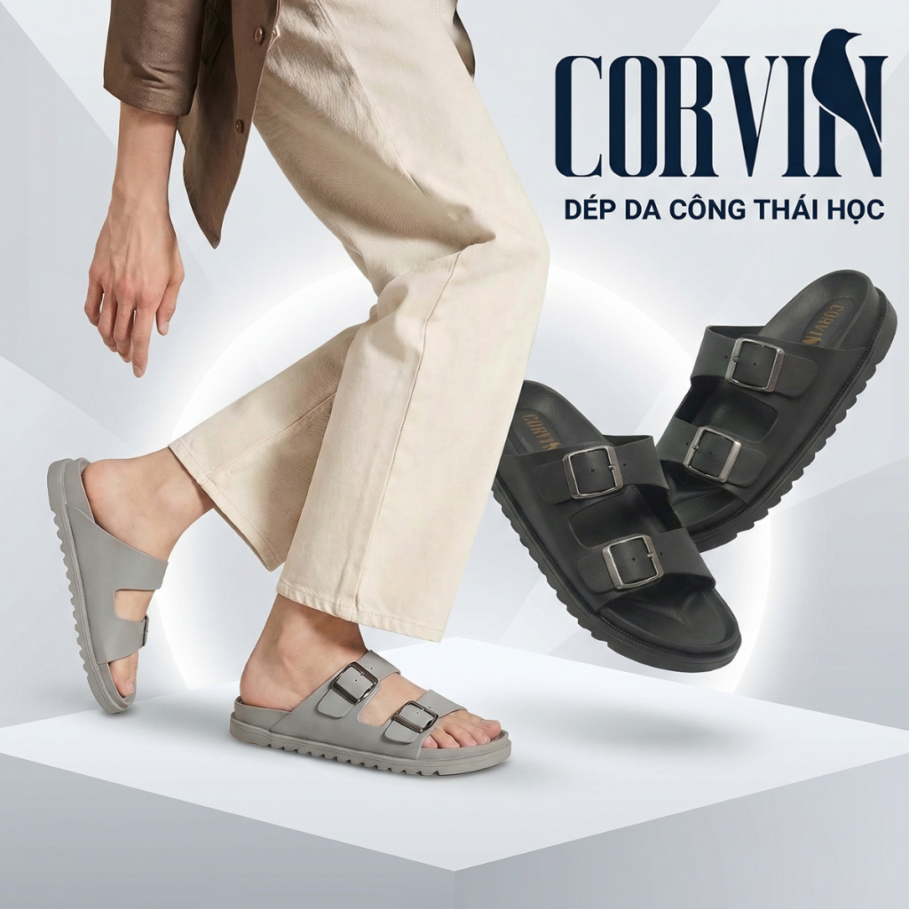 Dép da nam quai ngang CORVIN BLADE đế công thái học, da Microfiber cao cấp chống thấm nước