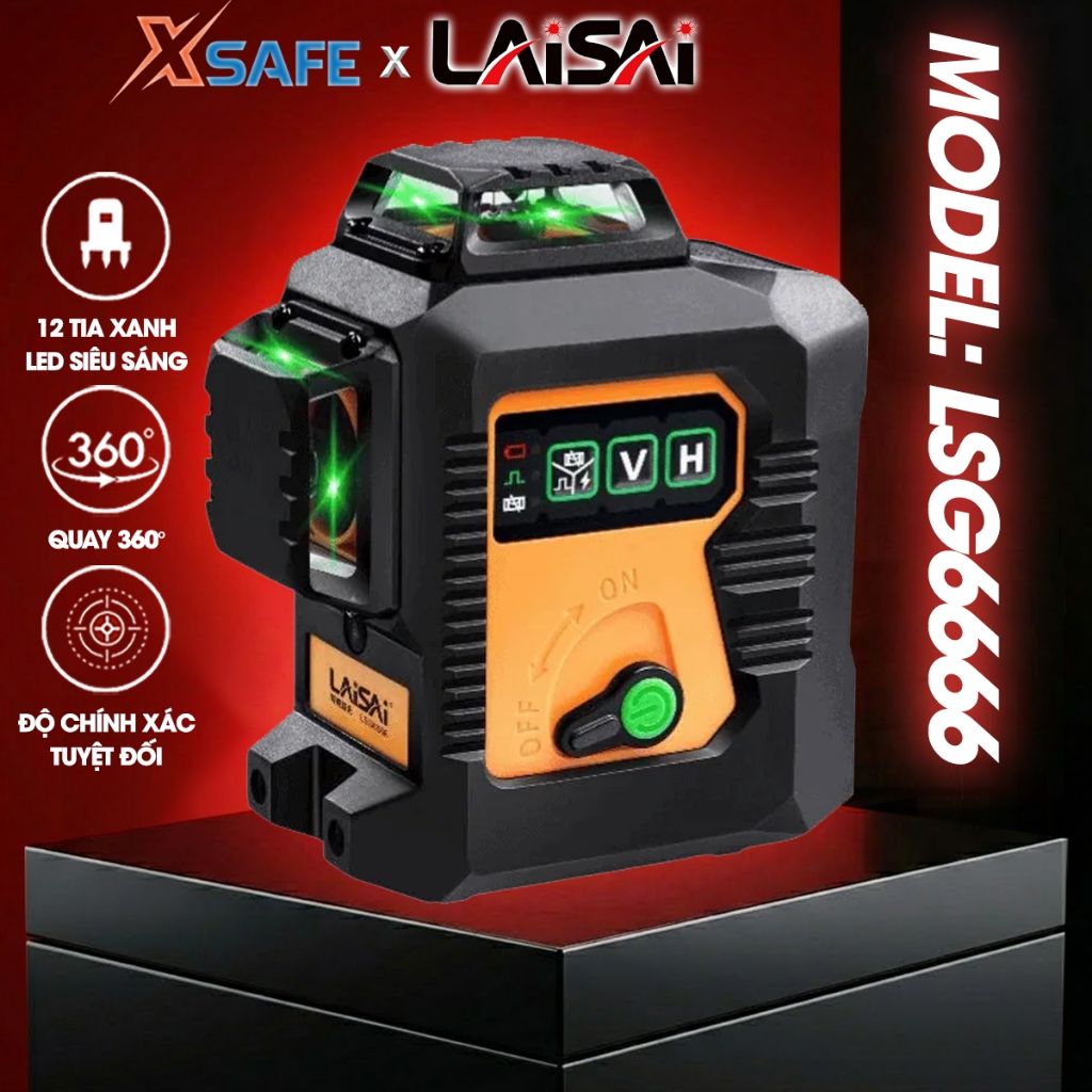 Máy laser cân bằng 12 tia xanh LAiSAi LSG6666, 3 bóng chiếu 360 độ độc lập, chính hãng - XSAFE