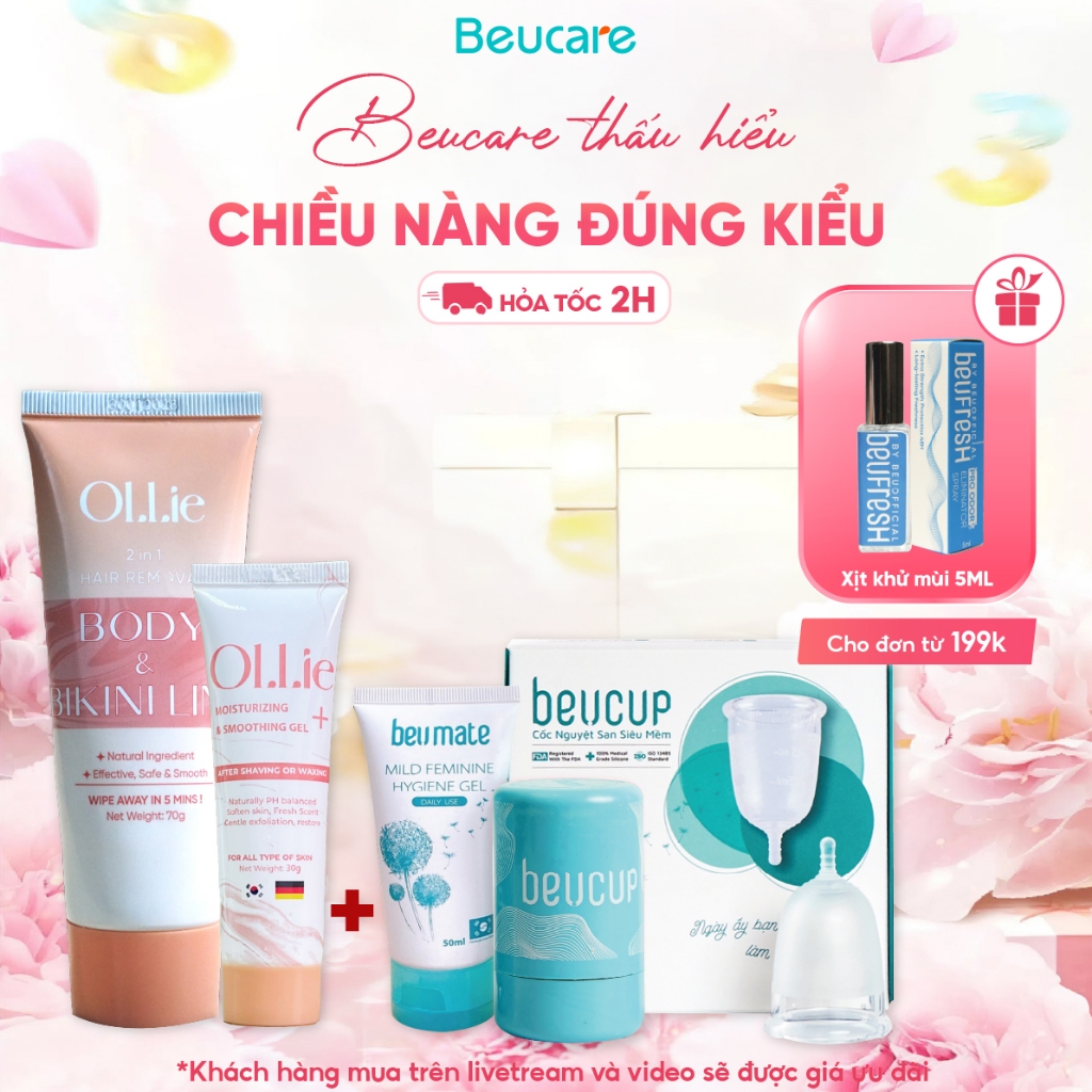Combo bộ cốc nguyệt san BeUcup chính hãng chuẩn FDA Hoa Kỳ + kem tẩy lông Ollie dịu nhẹ, thơm mát