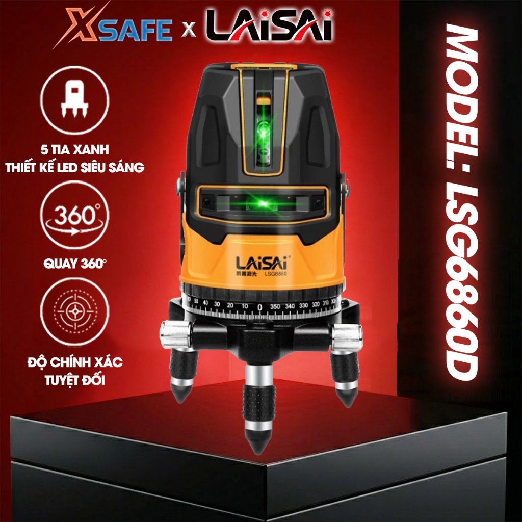 Máy laser cân bằng 5 tia xanh LAiSAi LSG6860D 3 chế độ chiếu tia, chế độ khóa tia chính xác