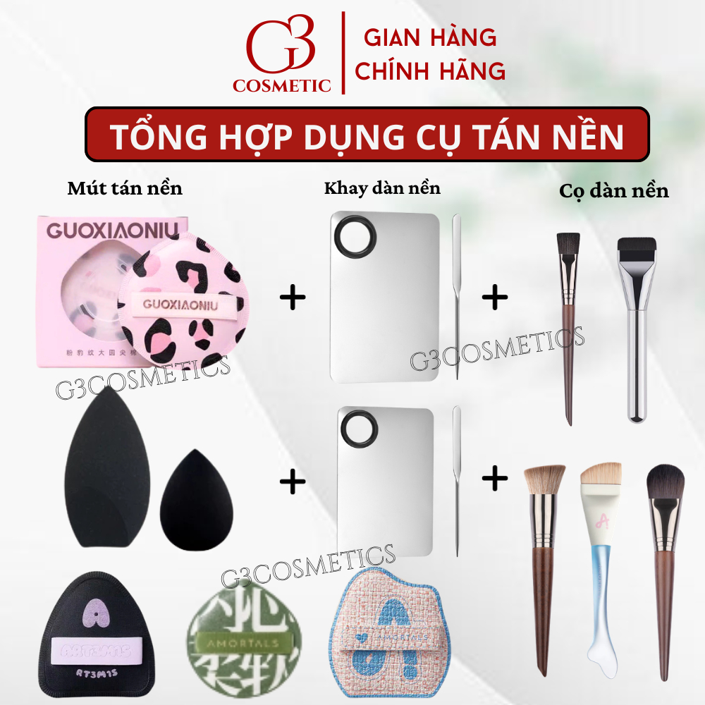 Dụng cụ trộn tán kem nền, dàn nền tán nền chính hãng gồm mút tán nền, cọ tán nền và khay trộn nền G3