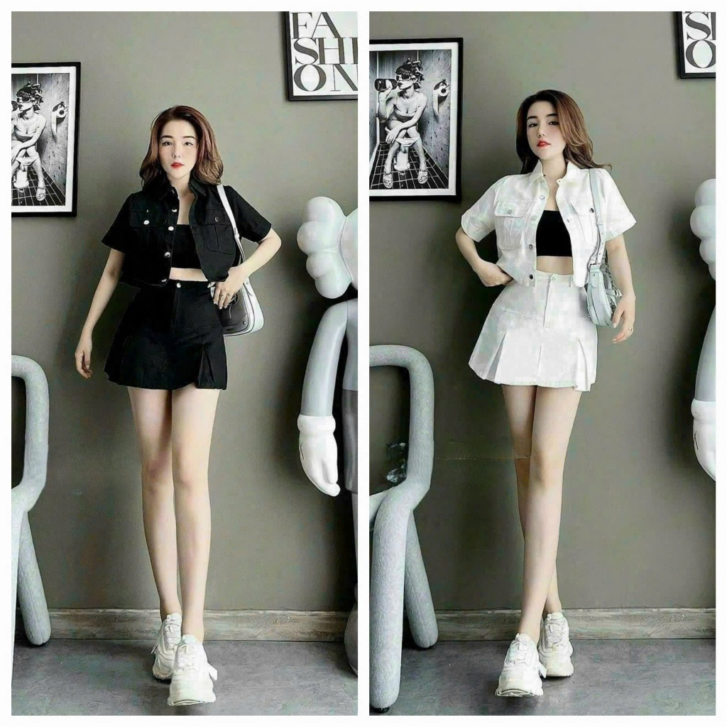 Set váy kaki - Set váy thời trang nữ,set váy 3 món áo tay ngắn mix chân váy chất kaki có lót xinh xắ