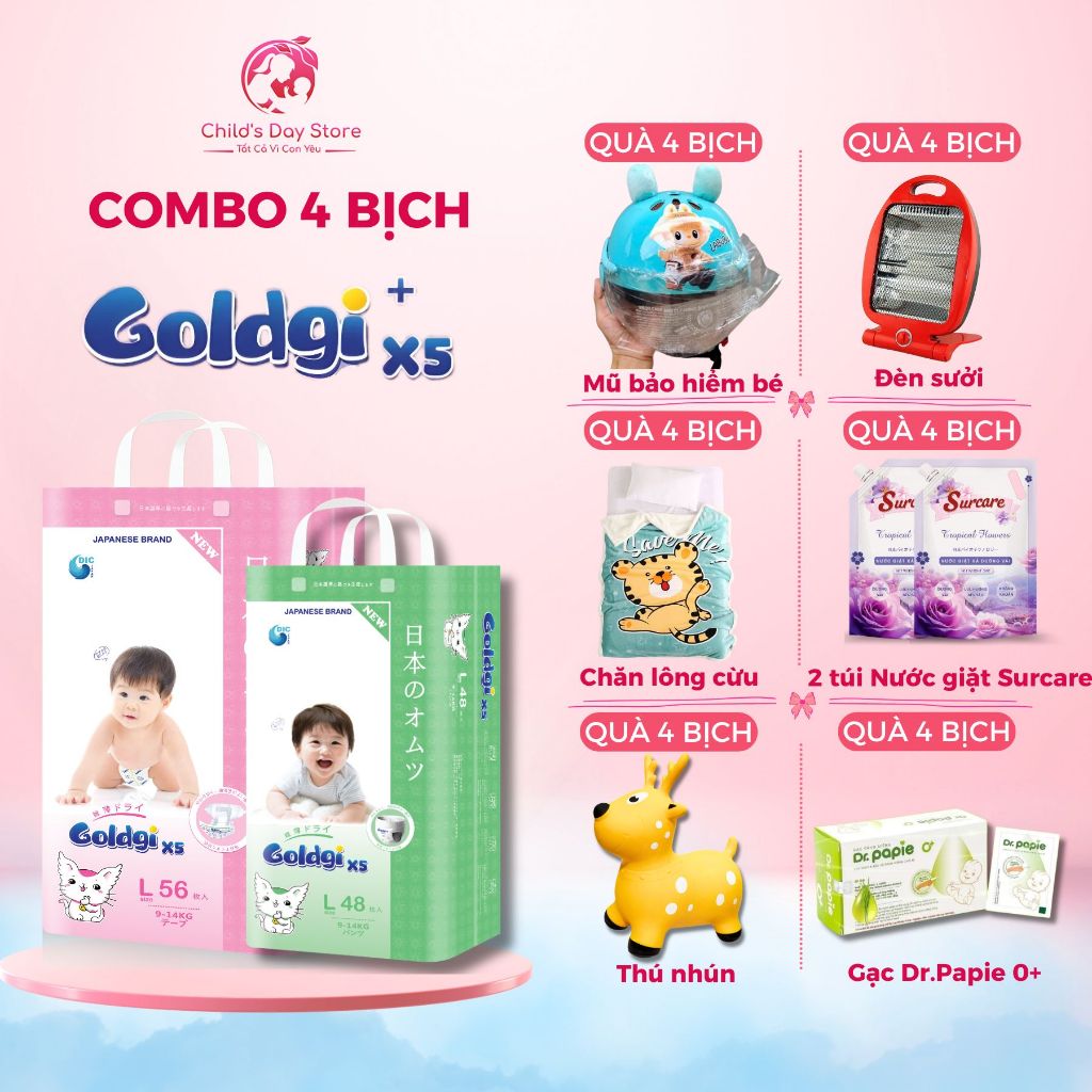 [COMBO 4 CHỌN QUÀ ] Bỉm Goldgi X5, Tã Goldgi X5 Nhật Bản Siêu Khô Thoáng, Thấm Hút Tốt, Ngừa Hăm