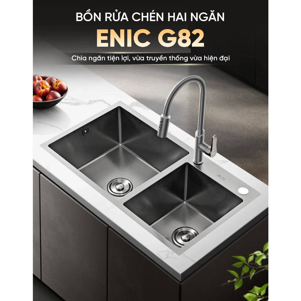 Bồn rửa chén hai ngăn Enic G82, chất liệu inox SS304, đáy bồn phủ Eva chống ồn, bề mặt chống bám bẩn