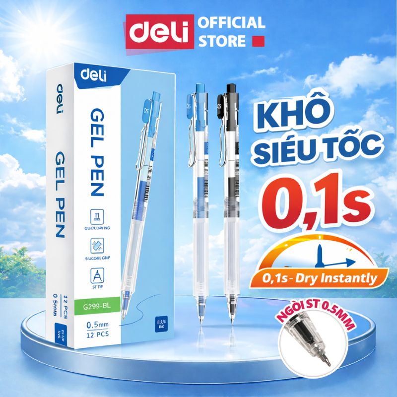 Combo 5/12/24 Bút Gel Bấm Khô Nhanh 1s Deli EG299 Mực Xanh Đen Bút Bi Nước Mực Êm Ngòi ST 0.5mm Học 