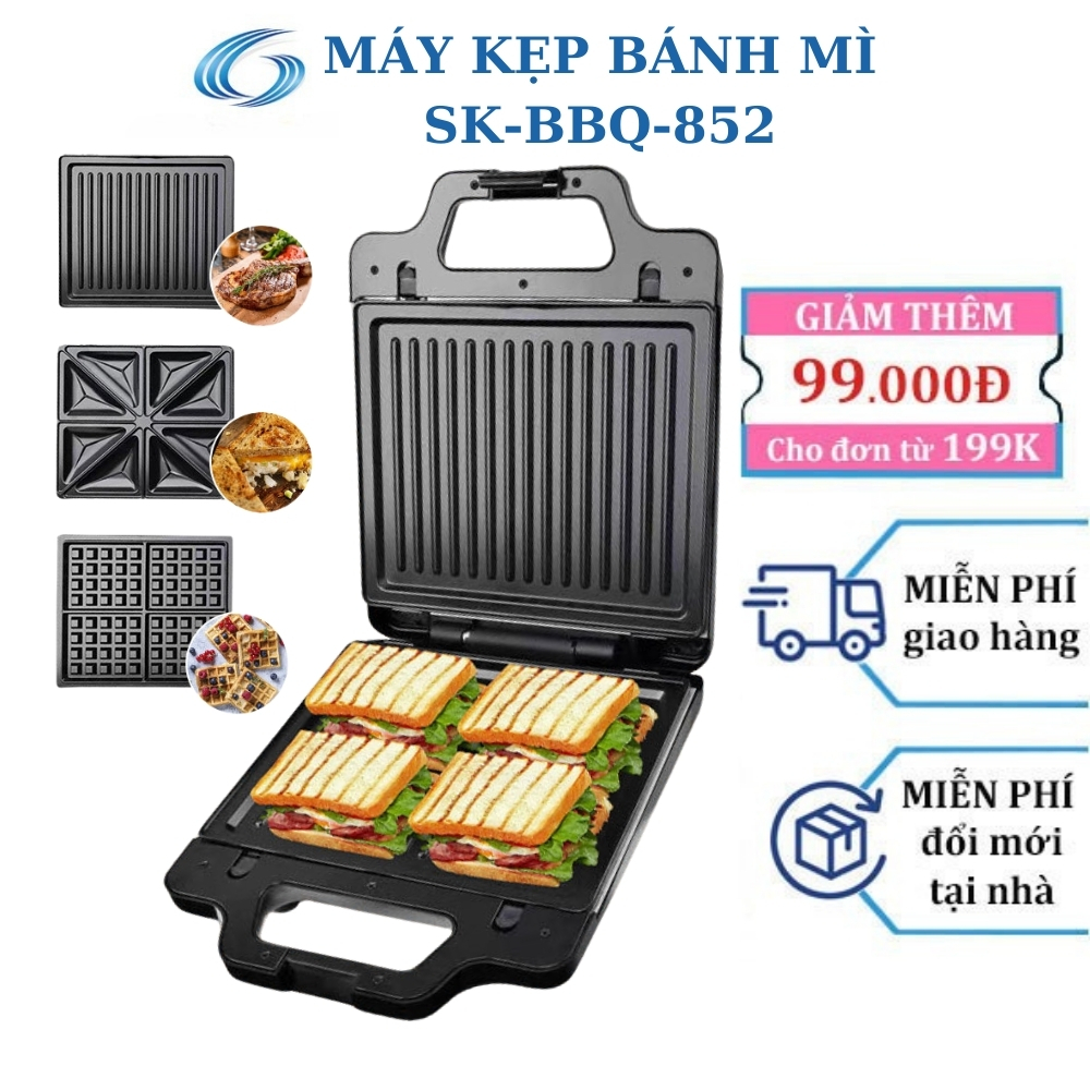 Máy kẹp nướng bánh mì REKKY công suất cực lớn 1400W rán trứng, nướng bánh sandwich , đa năng tiện lợi - SK-BBQ-852