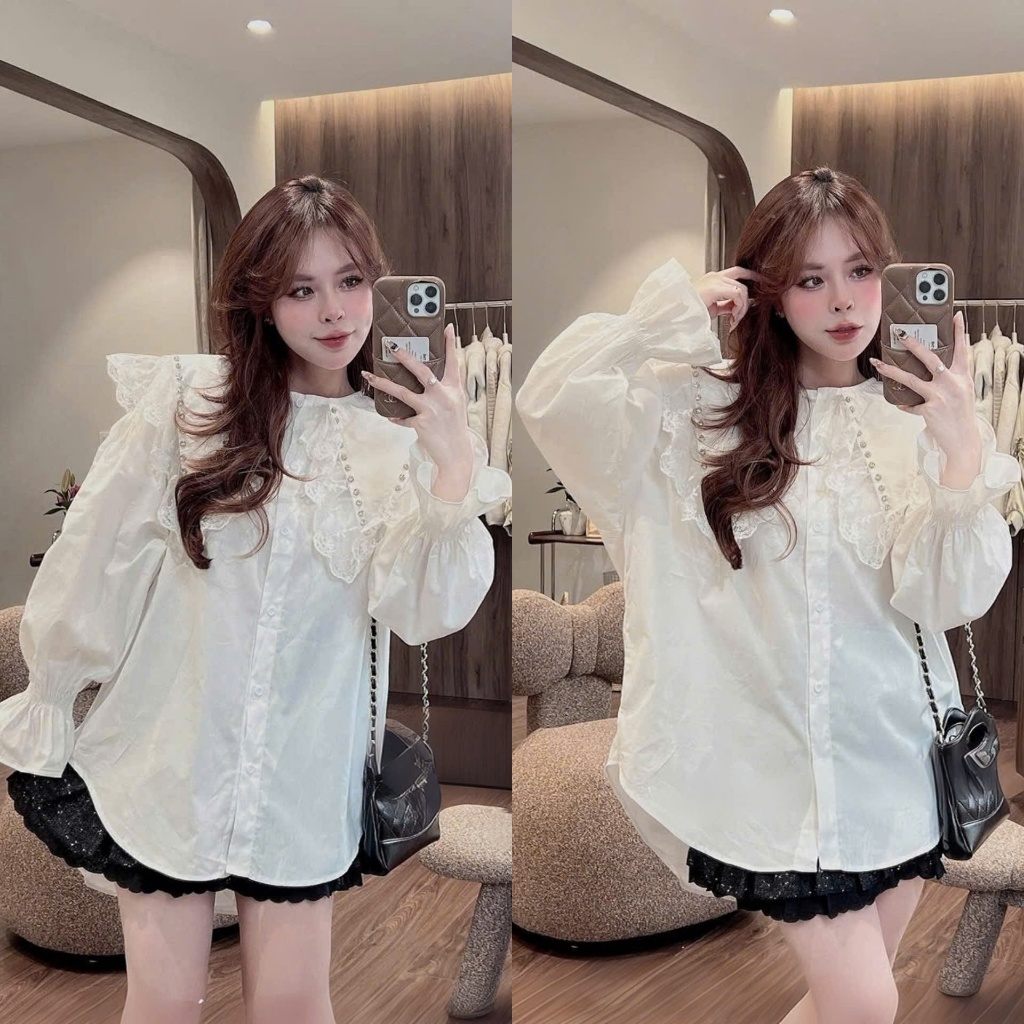 (Hàng Shop): Sơ Mi Cổ Thuỷ Thủ Mix Bèo Viền Ren Đính Đá From Thụng Tay Chun Mix Đồ Gì Cũng Xinh-Ảnh 
