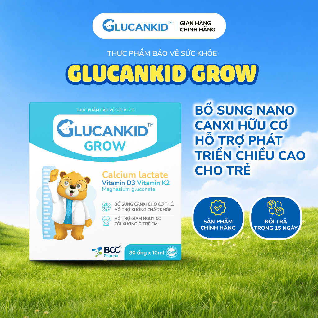 TPBVSK Glucankid Grow - Canxi nano hữu cơ hỗ trợ bổ sung canxi, hỗ trợ giảm nguy cơ còi xương cho bé