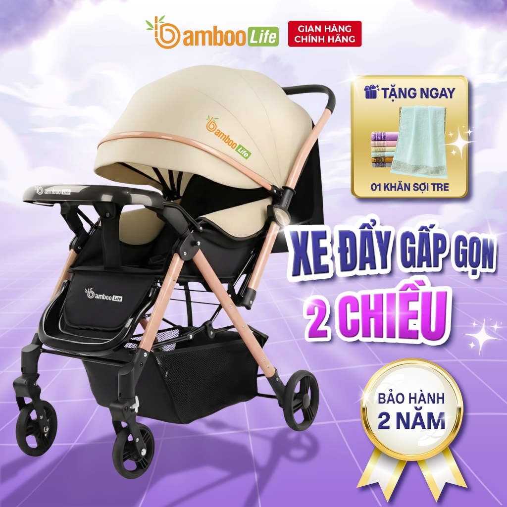 Xe đẩy cho bé, xe đẩy gấp gọn cho bé Bamboo Life chính hãng 2 chiều 3 tư thế cho bé sơ sinh 0-36 thá