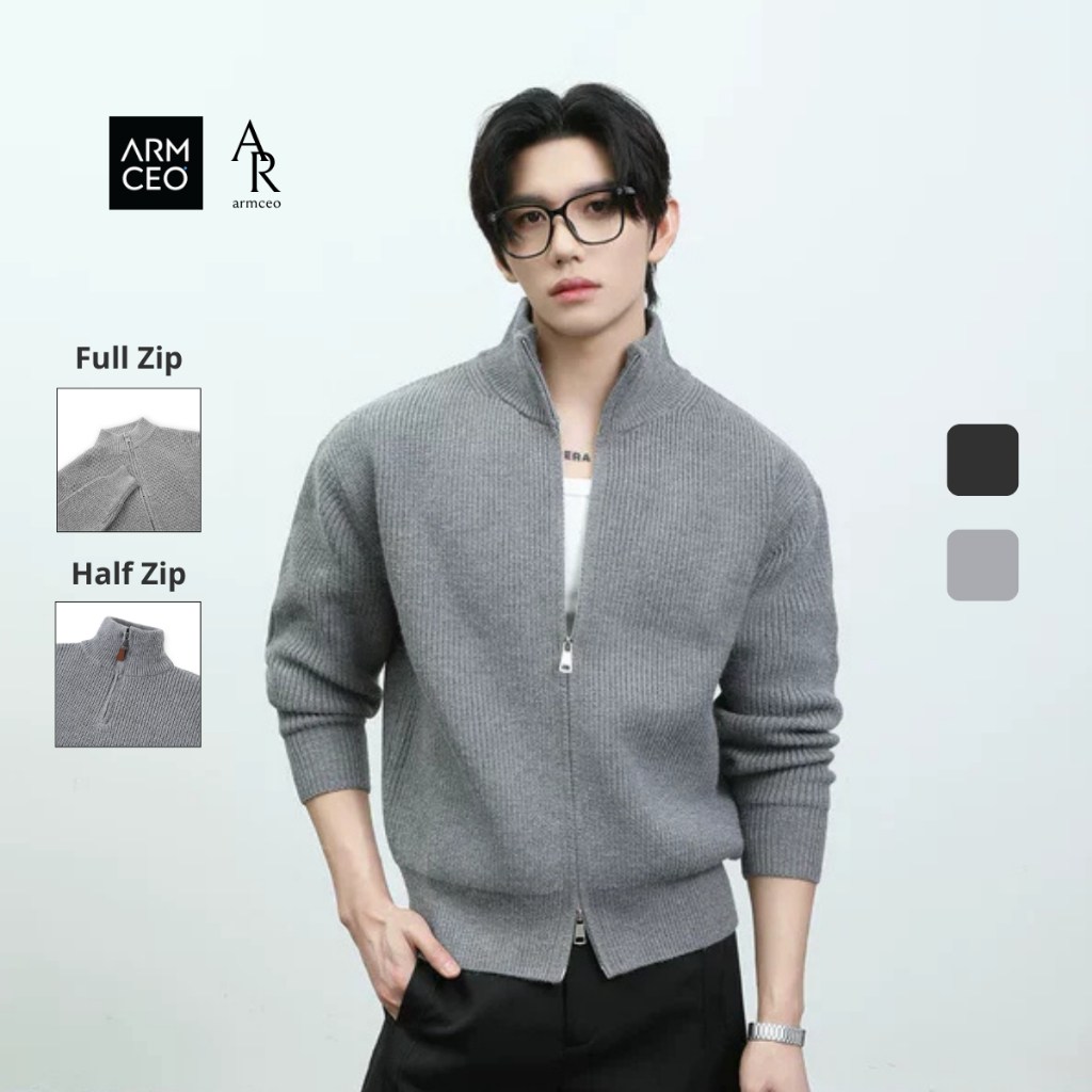 Áo khoác len dày dặn ARMCEO khóa zip 2 chiều & khóa da half zip