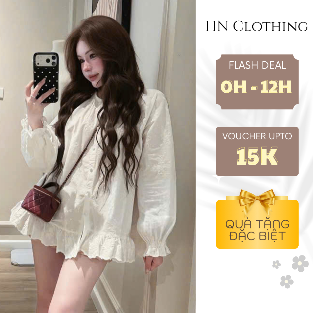Áo babydoll nữ tay dài bèo nhẹ dáng rộng tiểu thư vải ren mềm mặc đi chơi cực xinh HN Clothing A19