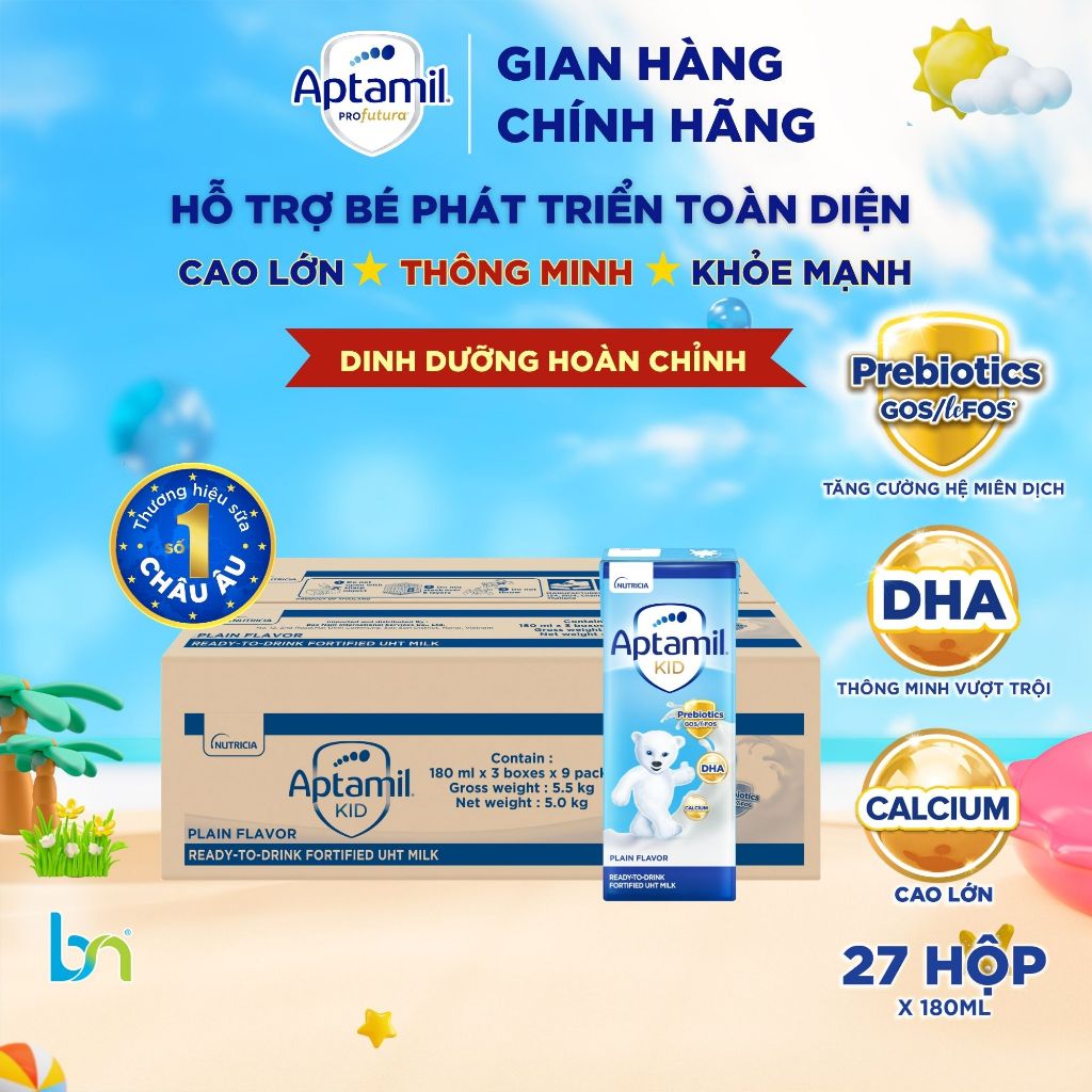 Thùng 9 Lốc Sữa Pha Sẵn Aptamil Kid 180ml Giúp Bé Phát Triển Toàn Diện