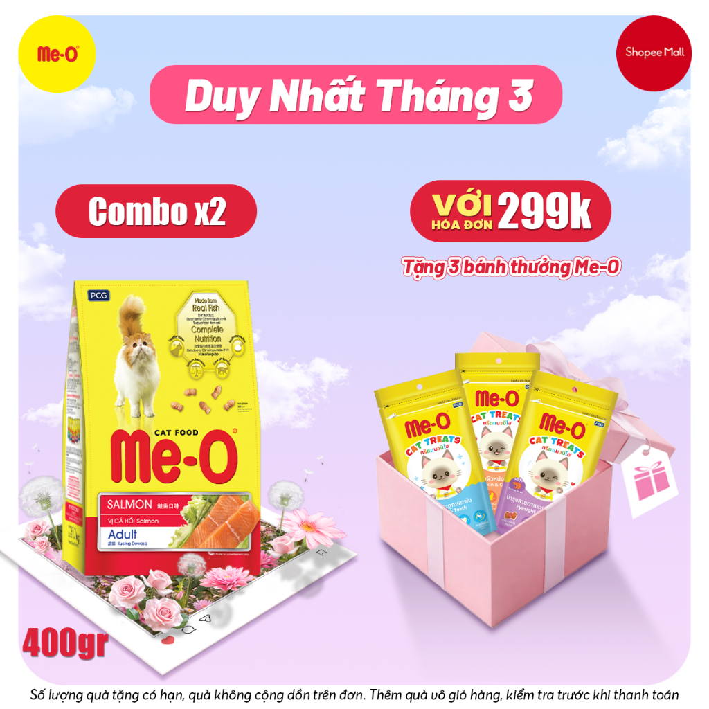 [Tặng 3 Bánh Thưởng] Combo 2 bịch Thức ăn cho mèo Me-O, hạt cho mèo vị cá hồi (gói 400grx2)