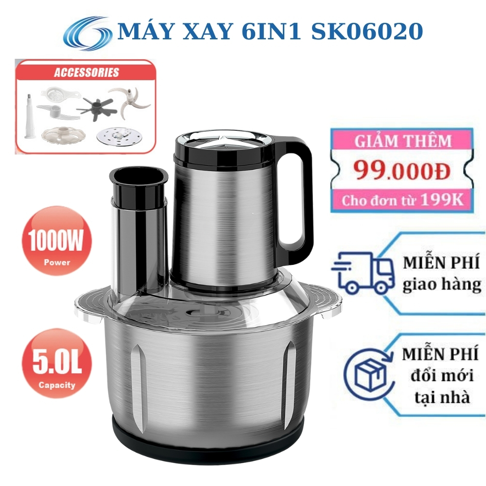 Máy xay thịt 6 trong 1 REKKY 1000W, cối Inox 304, kết hợp cắt lát, đánh trứng, bóc tỏi - SK06020 + SK06019