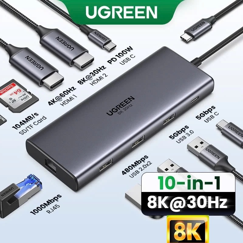 HUB 10 in 1 Type-C Thunderbolt Revodok Pro 210 ra HDMI, USB, LAN, SD/TF, PD chính hãng Ugreen 15534/