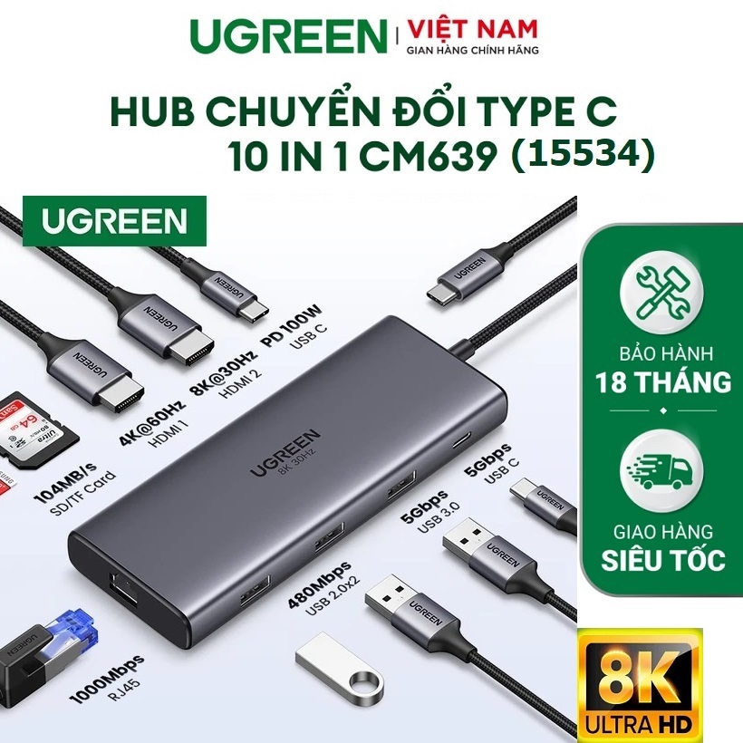 HUB 10 in 1 chia cổng Type C Thunderbolt Revodok Pro 210 ra HDMI, USB, LAN, SD/TF, PD chính hãng Ugr