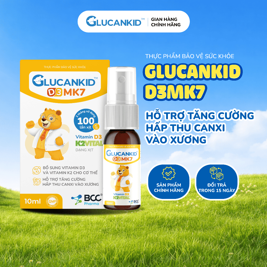 TPBVSK Glucankid D3MK7 dạng xịt, hỗ trợ bổ sung Vitamin D3 K2, tăng cường hấp thu canxi cho bé từ 3 