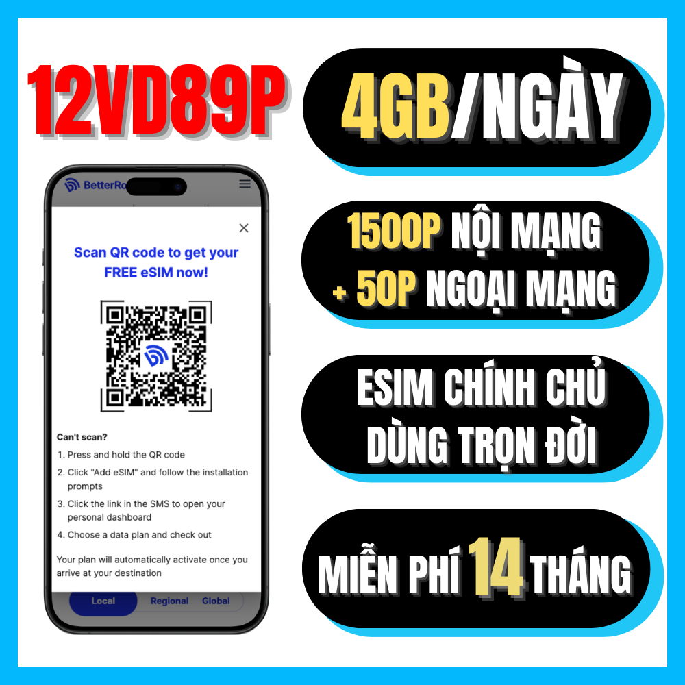eSIM/SIM Vina 4G Tặng 4GB/Ngày – Nghe Gọi Miễn Phí – Gói 12VD89P Dùng 14 Tháng Free