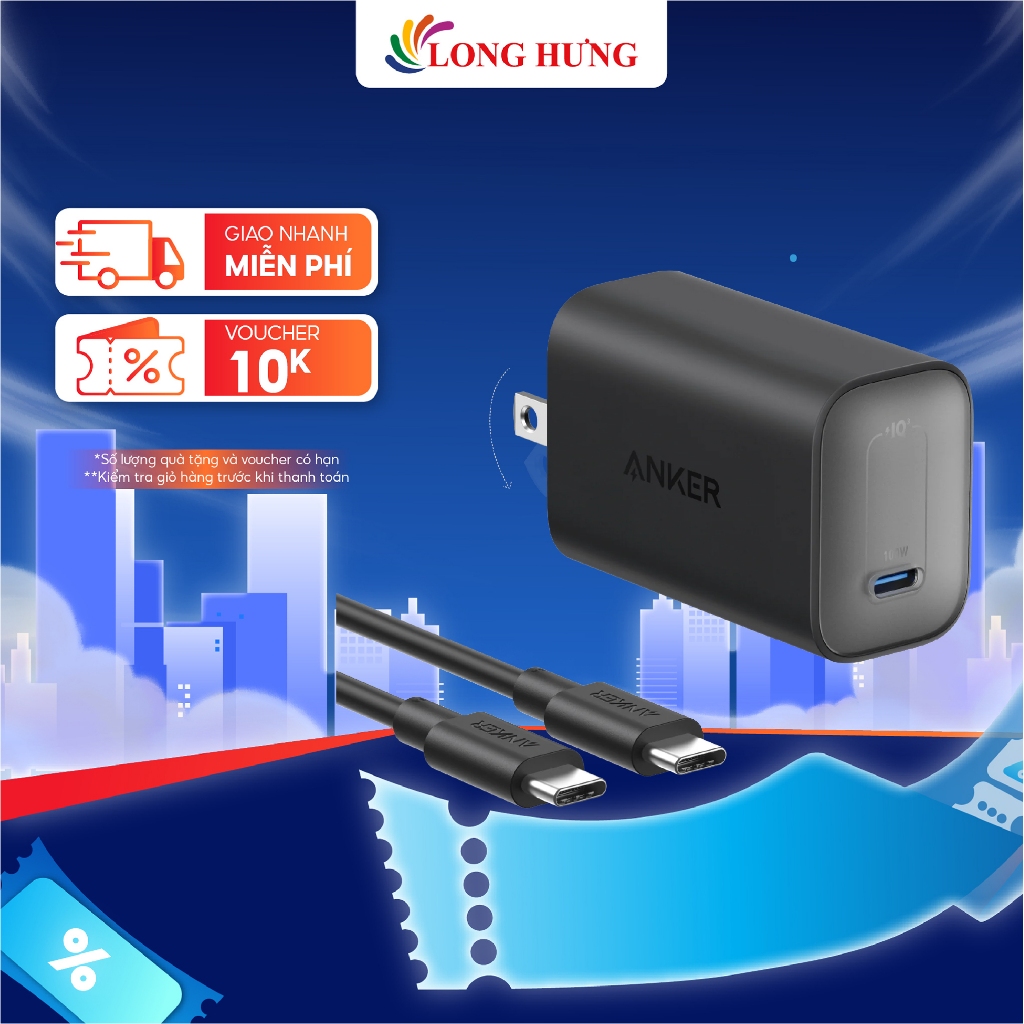 Combo cốc sạc Anker Nano 1C 100W + Cáp USB Type-C to Type-C B2679 - Hàng chính hãng