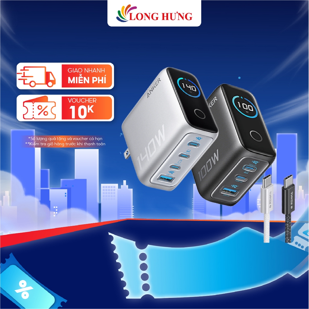 Combo Cốc Sạc Anker Zolo Fast Charging GaN Smart Display + Cáp USB Type-C to Type-C PD B2697/B121B -