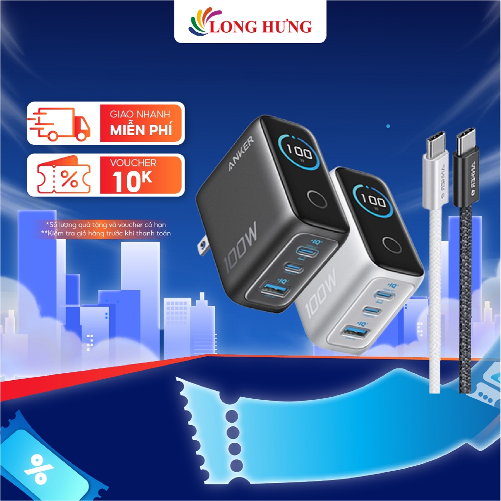Combo cốc sạc Anker Zolo Innovative Dual-Mode 1USB 2Type-C 100W + Cáp USB Type-C to Type-C PD3.0 B12
