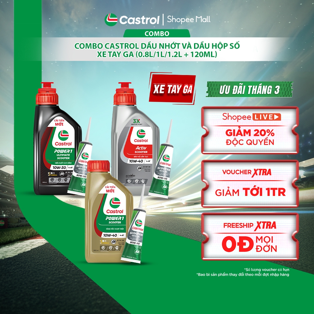COMBO tiện dụng CASTROL Dầu nhớt và Dầu hộp số xe tay ga (0.8L/1L/1.2L + 120mL)