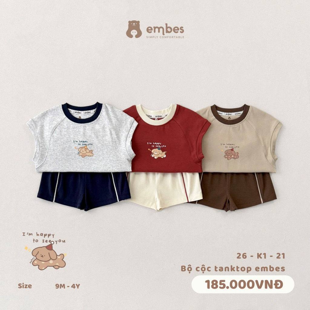 Bộ cộc tanktop Embes phối viền thoáng mát cho bé trai. Bộ ba lỗ bé trai mặc hè BEO.Kids