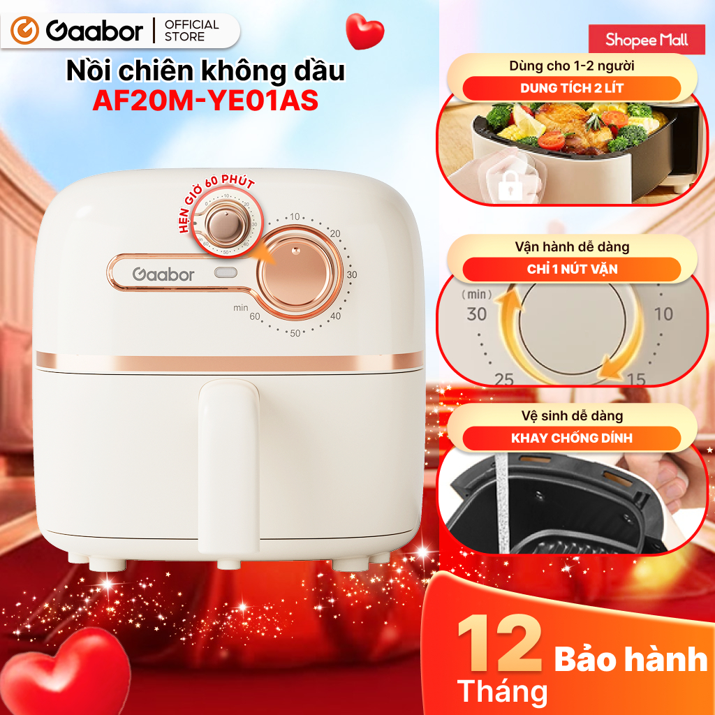 Nồi chiên không dầu GAABOR AF20M-YE01S dung tích 2L công suất 900W nóng nhanh, nhỏ gọn, giá rẻ