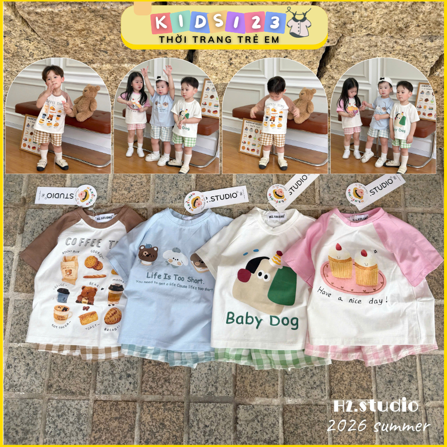 Bộ quần áo cotton Coffee time/baby dog/too short/nice day Bé Trai, Bé Gái sưu tập hè 2026 H2.studio 