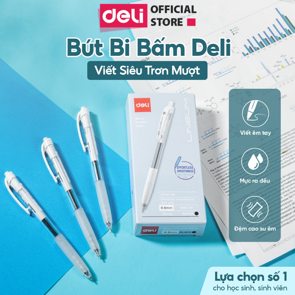 Bút Bi Bấm Deli Ngòi 0.5mm Thanh Mảnh Đệm Tay Mềm Viết Mượt Phù Hợp Cho Học Sinh Sinh Viên Văn Phòng