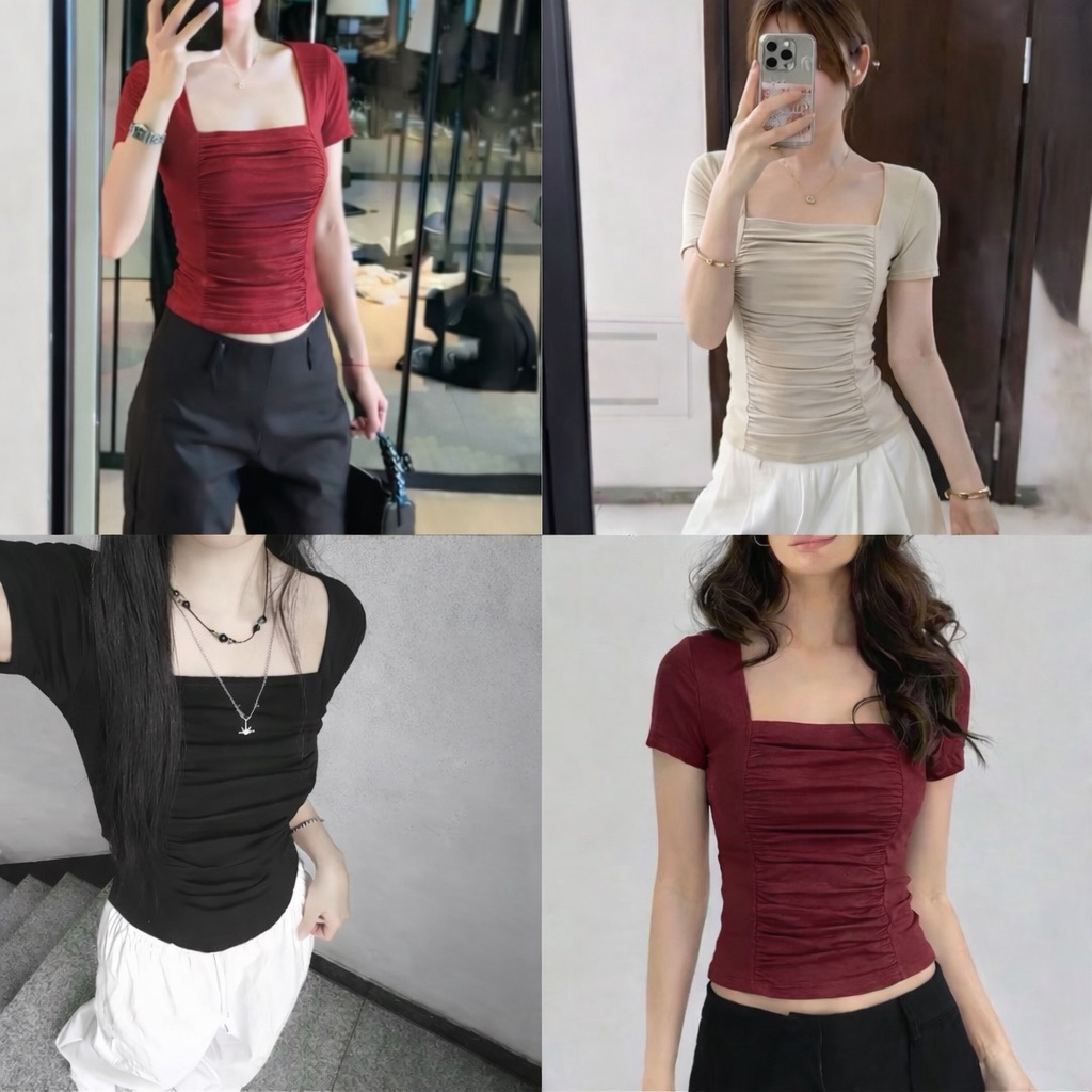 [VẢI COTTON MỊN] Áo Thun Cộc Tay Lenogi Ôm Body Cổ Vuông Nhún Eo Co Giãn mềm mại mA54 | BigBuy360 - bigbuy360.vn