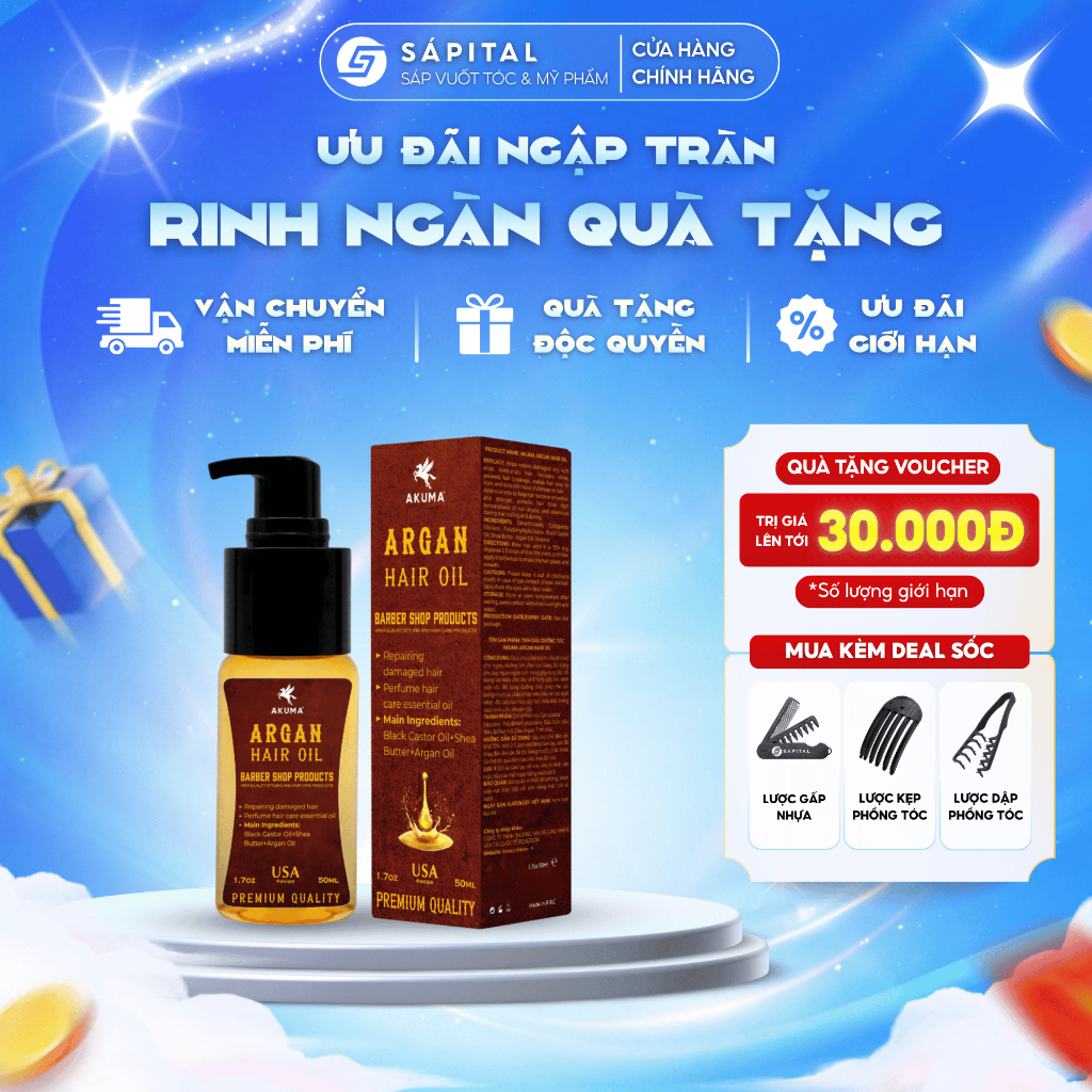 Tinh dầu dưỡng tóc Akuma Argan Hair Oil | Dưỡng tóc nam dành cho mái tóc khô xơ chẻ ngọn